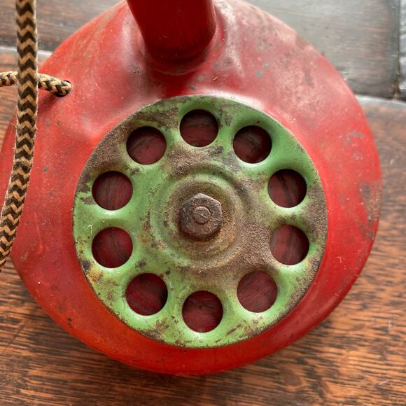 Vintage Tin Candlestick Telephone Toy Child Phone Wood Red Antique READ - Picture 11 of 14